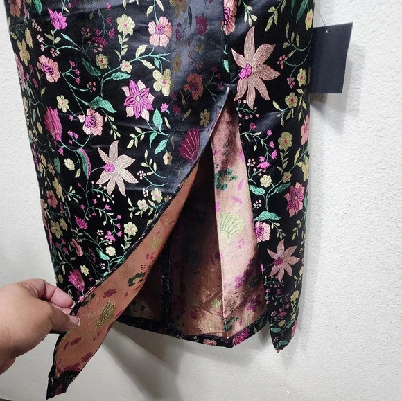 Lulu's Make a Move Black Satin Floral Jacquard Strapless Midi Dress Party - Picture 8 of 10